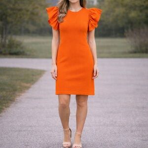 Zara Dress Womens L Orange Rib Knit Flutter Sleeve Bodycon Mini Resort Cocktail